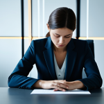 A professional woman, fully clothed in a modest business suit, sits thoughtfully at a sleek desk in a minimalist modern office. Her hands are naturally placed, perfect anatomy, with well-formed hands. Abstract, soft glowing lines representing data streams subtly flow in the blurred background, symbolizing information processing and the complexity of choices. The scene evokes a sense of deep contemplation and the search for clarity. Natural pose, correct proportions, natural body proportions, high-resolution, cinematic lighting, professional photography, safe for work, appropriate content, fully clothed, modest clothing, family-friendly.