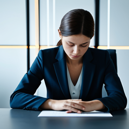 Home 6 A professional woman, fully clothed in a modest business suit, sits thoughtfully at a sleek desk in a minimalist modern office. Her hands are naturally placed, perfect anatomy, with well-formed hands. Abstract, soft glowing lines representing data streams subtly flow in the blurred background, symbolizing information processing and the complexity of choices. The scene evokes a sense of deep contemplation and the search for clarity. Natural pose, correct proportions, natural body proportions, high-resolution, cinematic lighting, professional photography, safe for work, appropriate content, fully clothed, modest clothing, family-friendly.