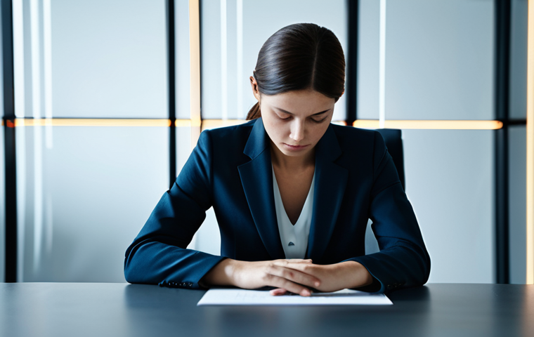 A professional woman, fully clothed in a modest business suit, sits thoughtfully at a sleek desk in a minimalist modern office. Her hands are naturally placed, perfect anatomy, with well-formed hands. Abstract, soft glowing lines representing data streams subtly flow in the blurred background, symbolizing information processing and the complexity of choices. The scene evokes a sense of deep contemplation and the search for clarity. Natural pose, correct proportions, natural body proportions, high-resolution, cinematic lighting, professional photography, safe for work, appropriate content, fully clothed, modest clothing, family-friendly.
