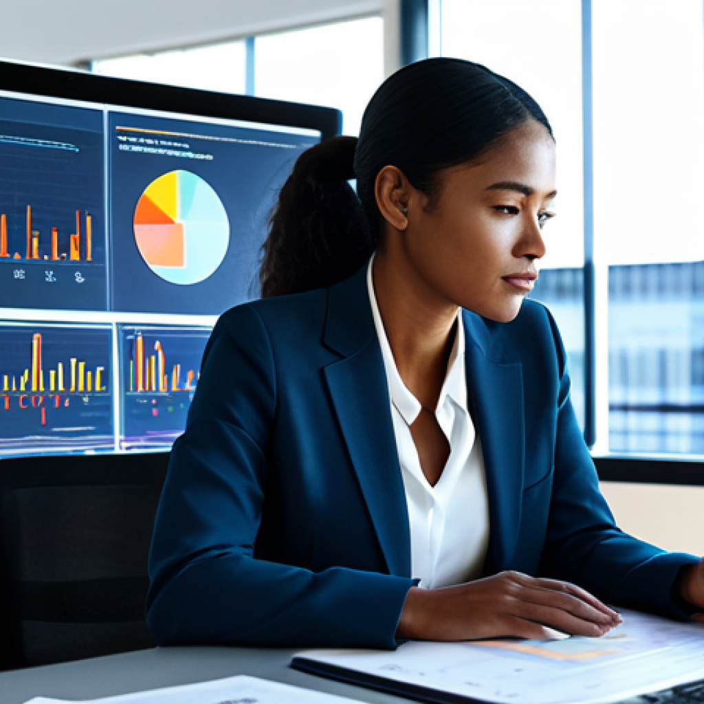 A professional woman, of diverse ethnicity, in a modest business suit, sitting at a sleek, minimalist desk in a modern, sunlit office. She is thoughtfully analyzing data on multiple holographic screens, surrounded by clear, well-organized digital charts and graphs, symbolizing informed decision-making and comprehensive research. The atmosphere is calm and focused. Fully clothed, appropriate attire, safe for work, perfect anatomy, natural proportions, well-formed hands, proper finger count, natural body proportions, professional photography, high quality, family-friendly.