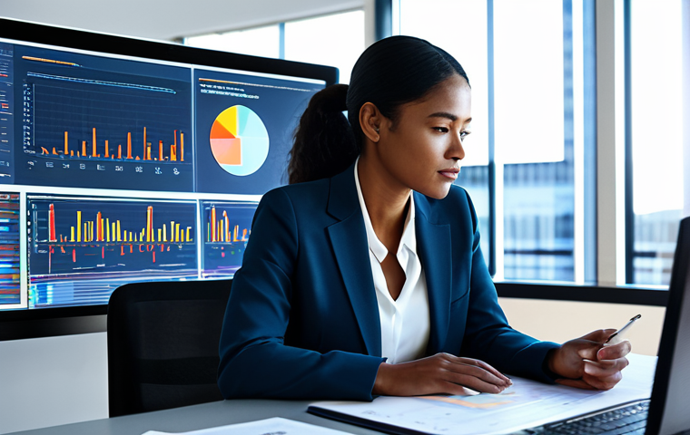 A professional woman, of diverse ethnicity, in a modest business suit, sitting at a sleek, minimalist desk in a modern, sunlit office. She is thoughtfully analyzing data on multiple holographic screens, surrounded by clear, well-organized digital charts and graphs, symbolizing informed decision-making and comprehensive research. The atmosphere is calm and focused. Fully clothed, appropriate attire, safe for work, perfect anatomy, natural proportions, well-formed hands, proper finger count, natural body proportions, professional photography, high quality, family-friendly.