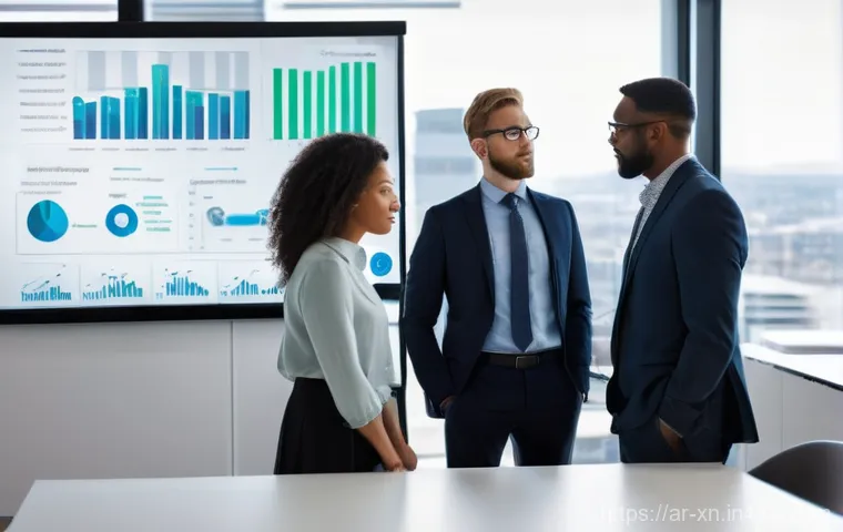 선택 기준 명확화와 리더십 - **Prompt:** A dynamic, wide-angle photograph capturing a diverse group of four business professional...